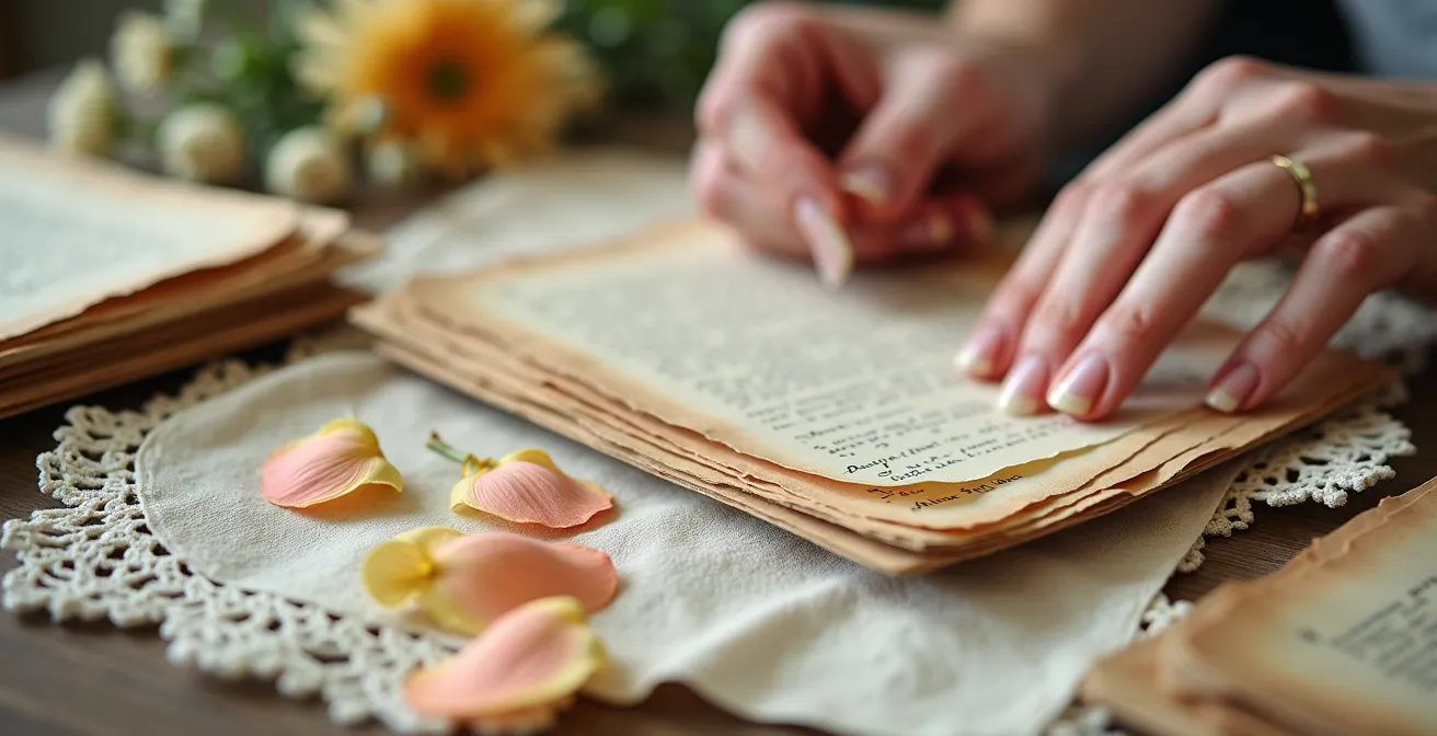 Matériel de scrapbooking disposé sur une table de travail avec album en cours de création