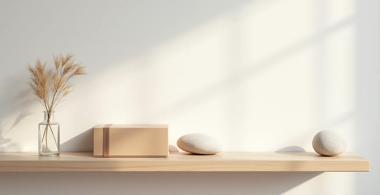 Petite boîte élégante contenant un ticket symbolique et des éléments naturels sur une étagère épurée