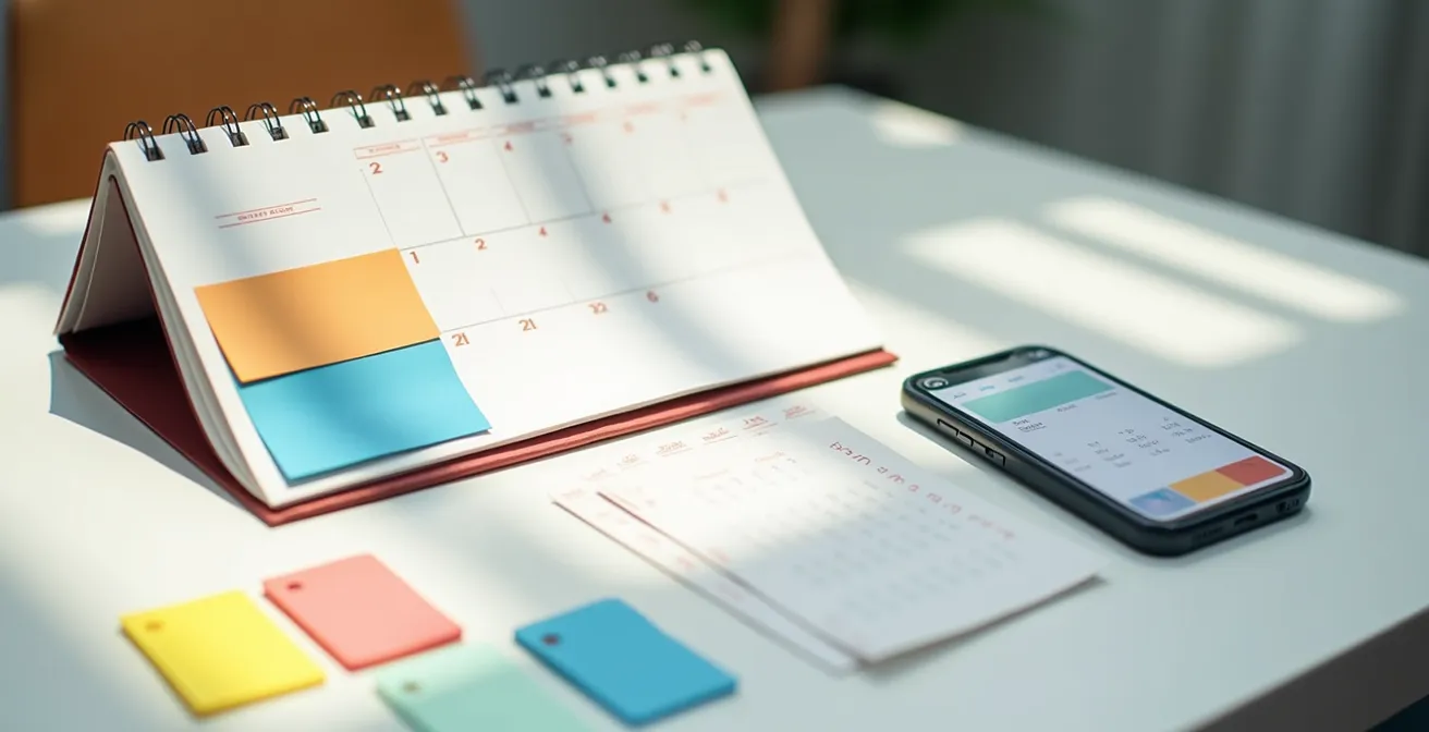 Calendrier avec post-its colorés et smartphone montrant des notifications de rappel pour l'utilisation de box cadeaux