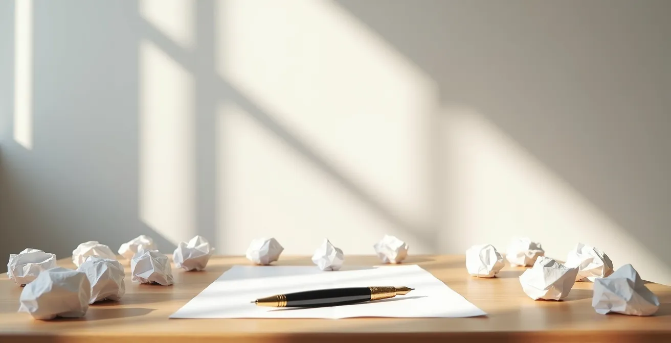 Bureau créatif avec papiers froissés et plume montrant le processus d'écriture