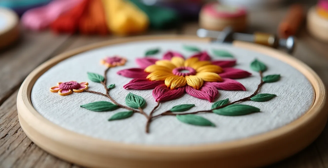 Kit de broderie moderne avec étapes visibles et matériel de qualité professionnelle