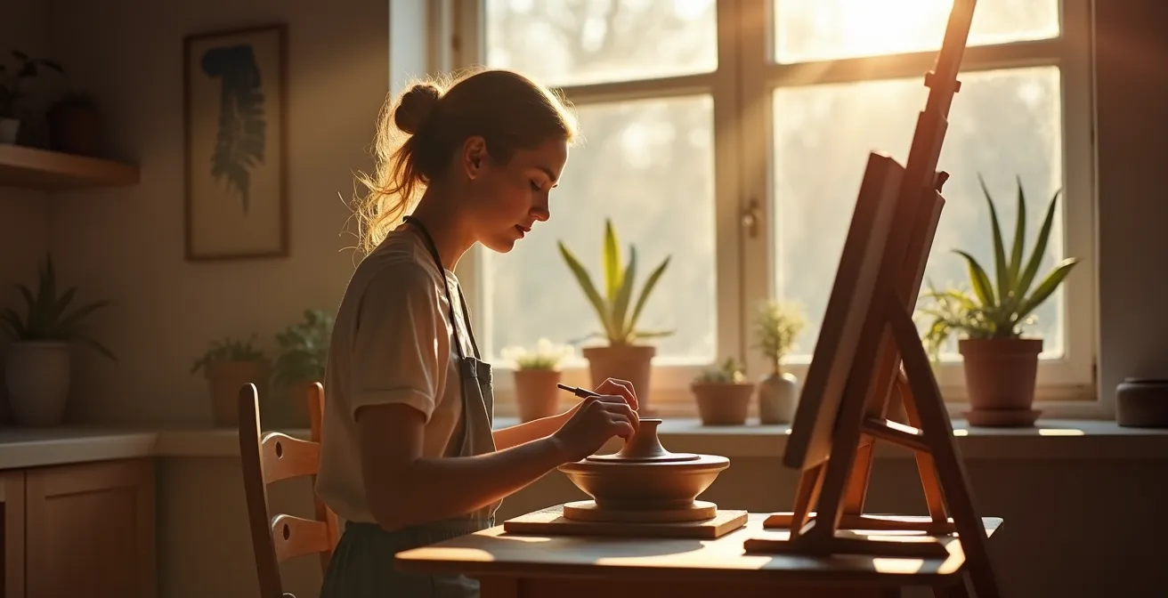 Femme épanouie dans son atelier créatif entourée de ses passions
