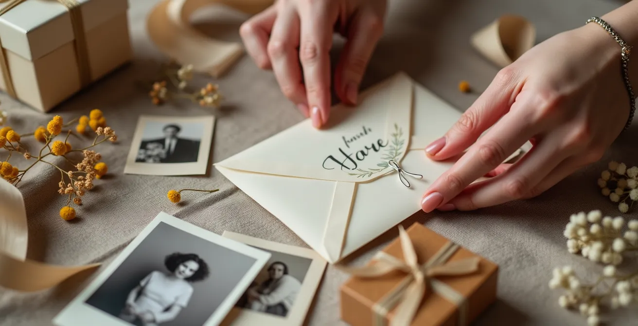 Mains assemblant délicatement un ensemble cadeau personnalisé avec lettres, photos et petits objets symboliques