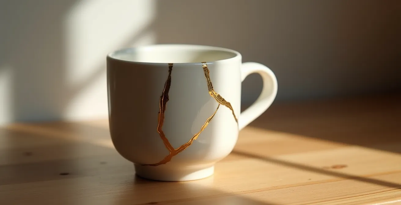 Tasse en céramique avec réparation dorée style kintsugi, posée sur une table en bois naturel