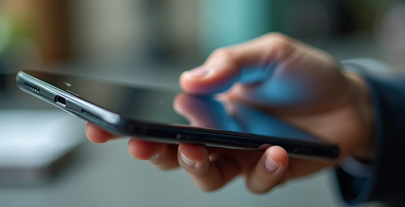 Main tenant un smartphone montrant une interface moderne avec carte virtuelle en arrière-plan flou