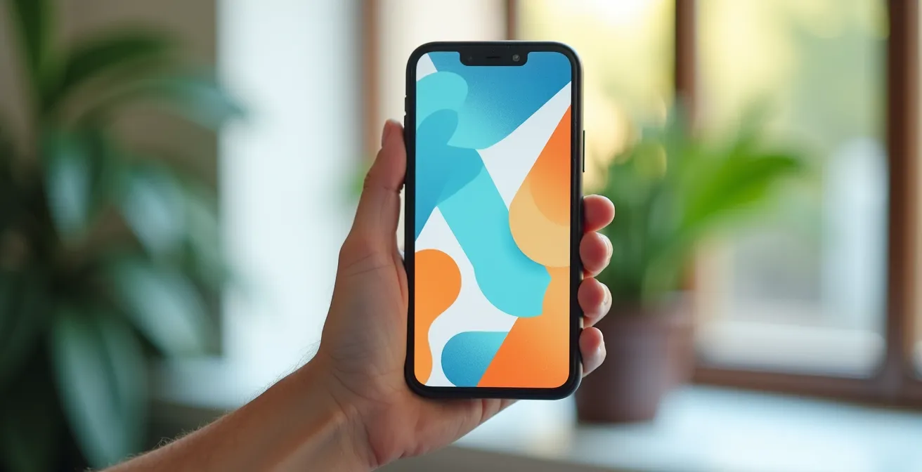 Main tenant un smartphone montrant une interface moderne de sélection de coffrets cadeaux