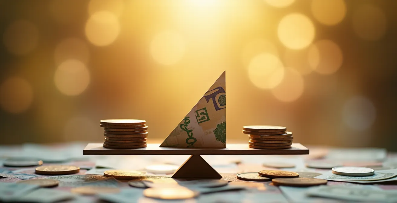 Composition artistique d'une balance symbolisant l'équilibre budgétaire du CSE