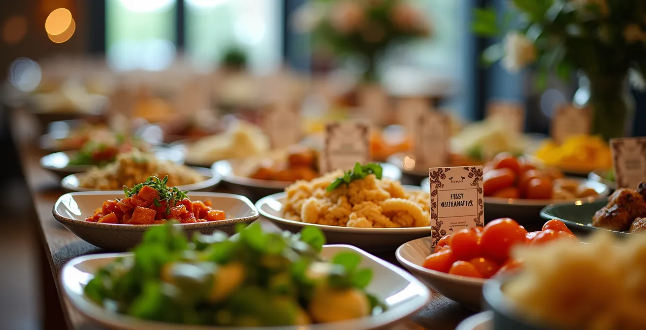 Buffet familial avec bar à salades et différentes options alimentaires étiquetées élégamment