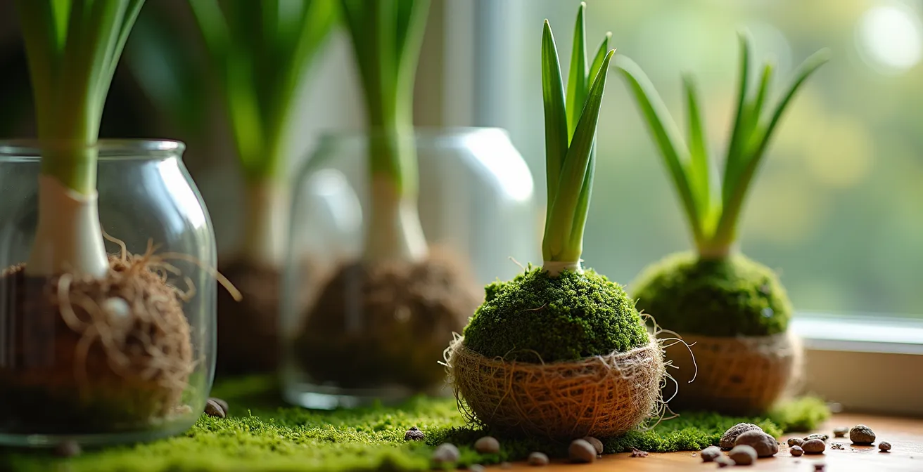 Composition de kokedamas et bulbes forcés comme alternatives durables aux bouquets traditionnels