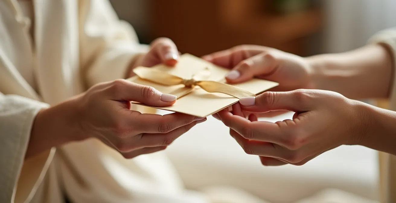 Mains féminines échangeant délicatement une enveloppe cadeau dans un environnement spa