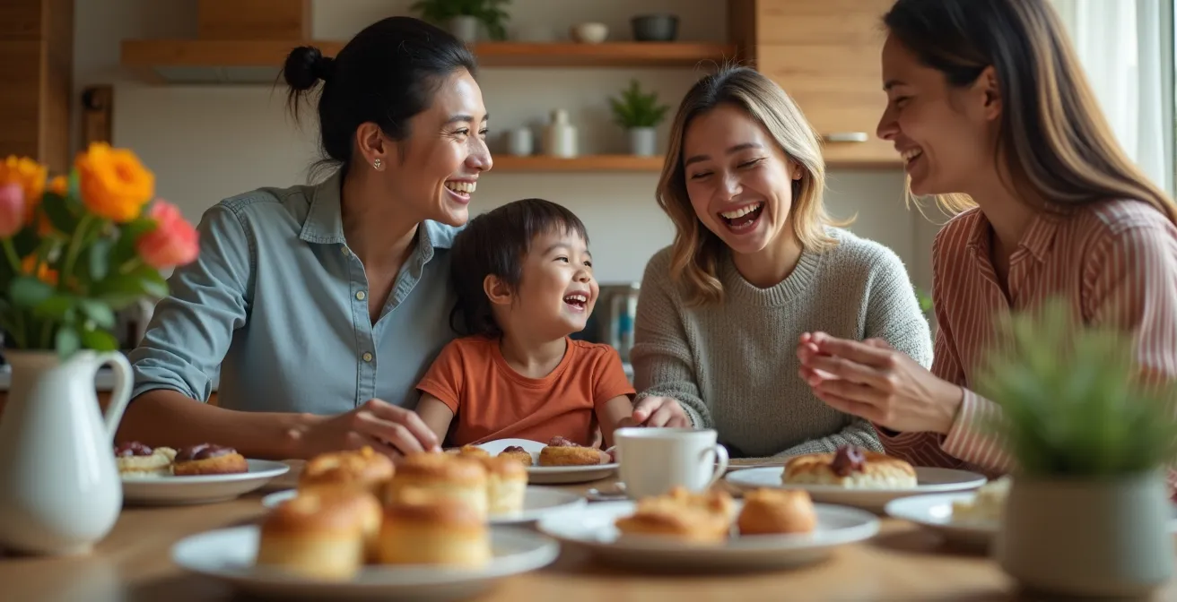Scène familiale multiculturelle avec calendriers montrant différentes dates de célébration