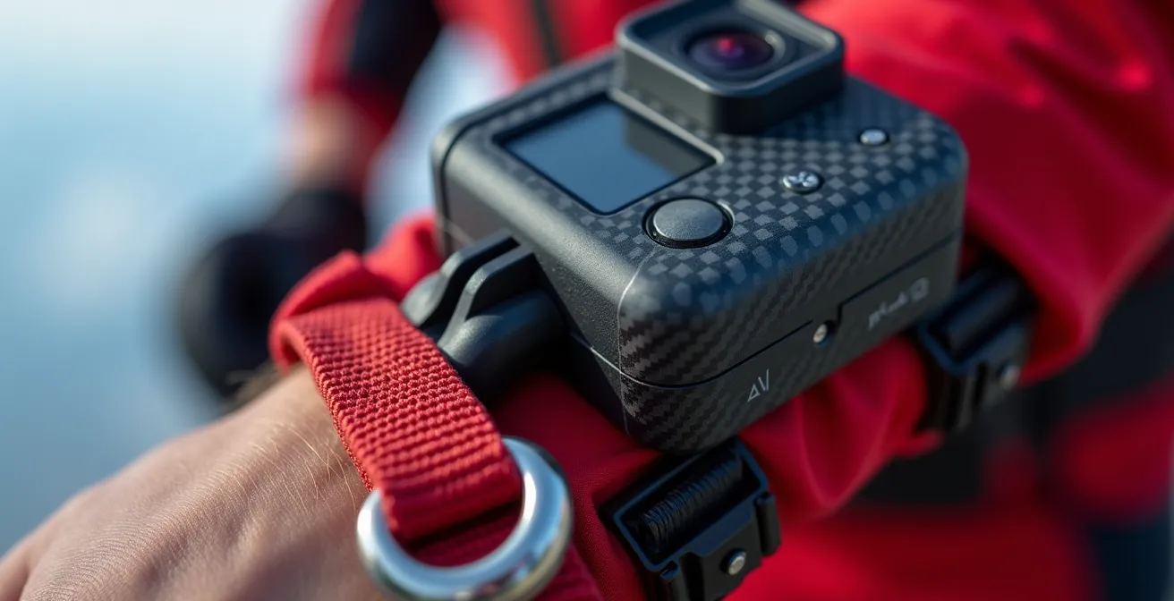 Gros plan sur l'équipement caméra fixé sur le poignet d'un moniteur de parachutisme