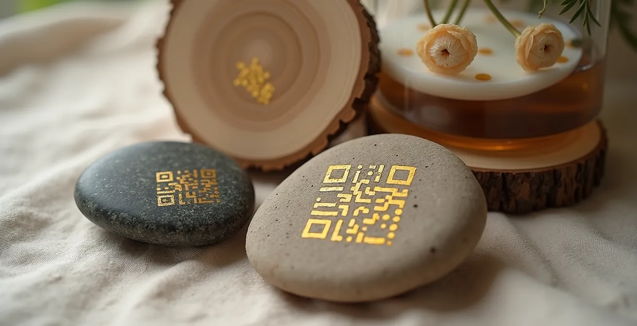 Galets et objets naturels avec symboles abstraits évoquant des souvenirs numériques cachés