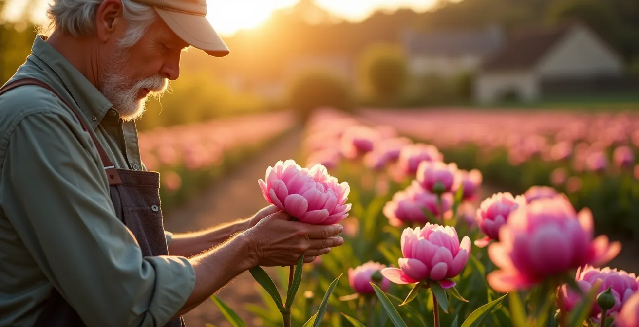 Champ de pivoines françaises en pleine floraison au printemps avec producteur local