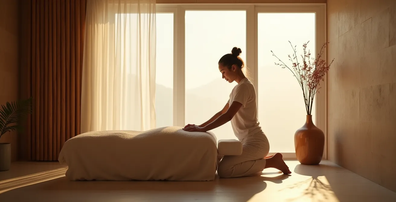 Vue large d'une séance de massage montrant l'espace serein et l'interaction thérapeutique