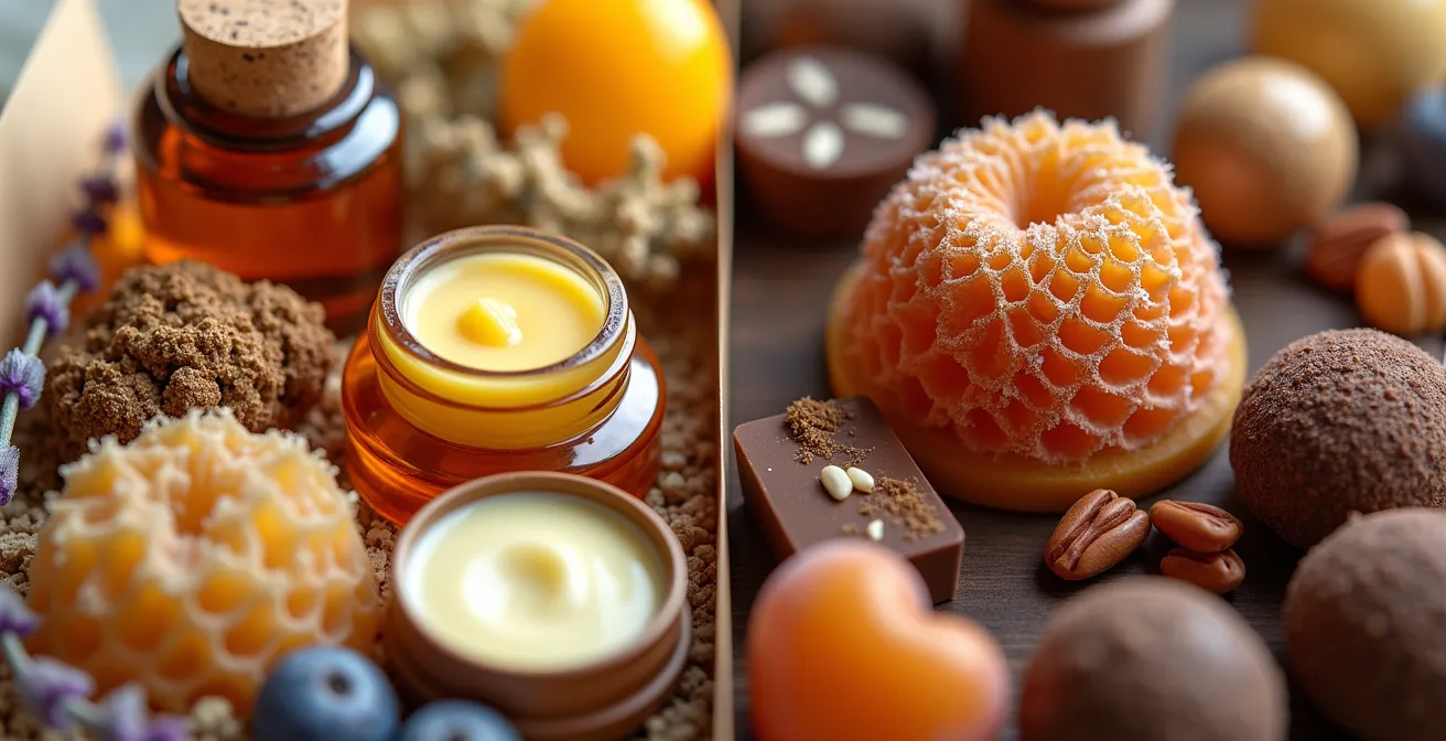 Présentation comparative de coffrets cosmétiques naturels et gourmands artisanaux