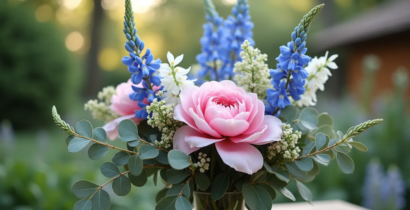 Arrangement floral avec pivoine centrale entourée de delphiniums verticaux et feuillage d'eucalyptus créant une scène narrative