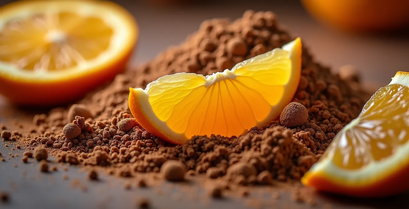 Ingrédients naturels parfumés pour gommage : cacao, miel et agrumes