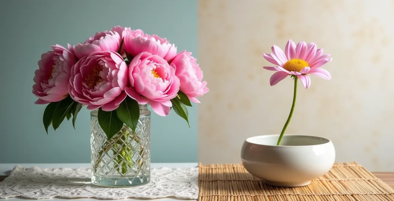 Arrangement floral fusionnant pivoines roses occidentales et éléments asiatiques zen
