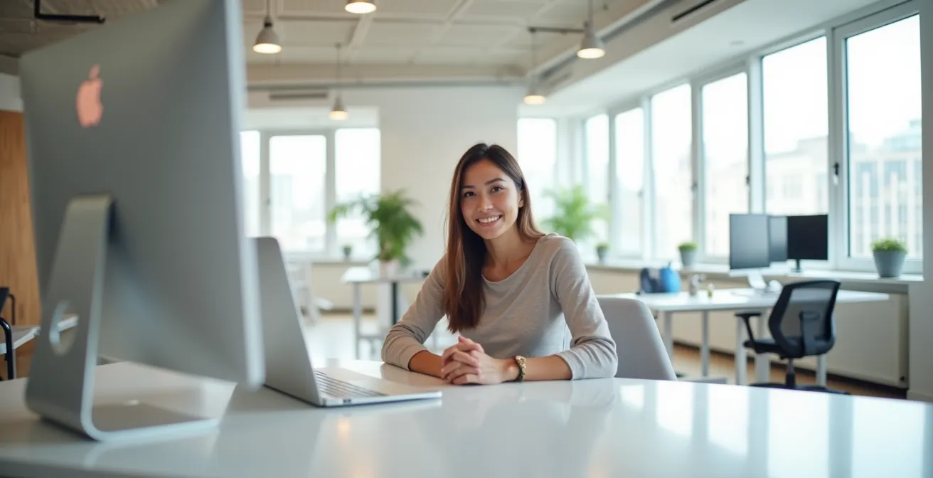 Élu CSE souriant travaillant efficacement dans un espace moderne avec outils digitaux