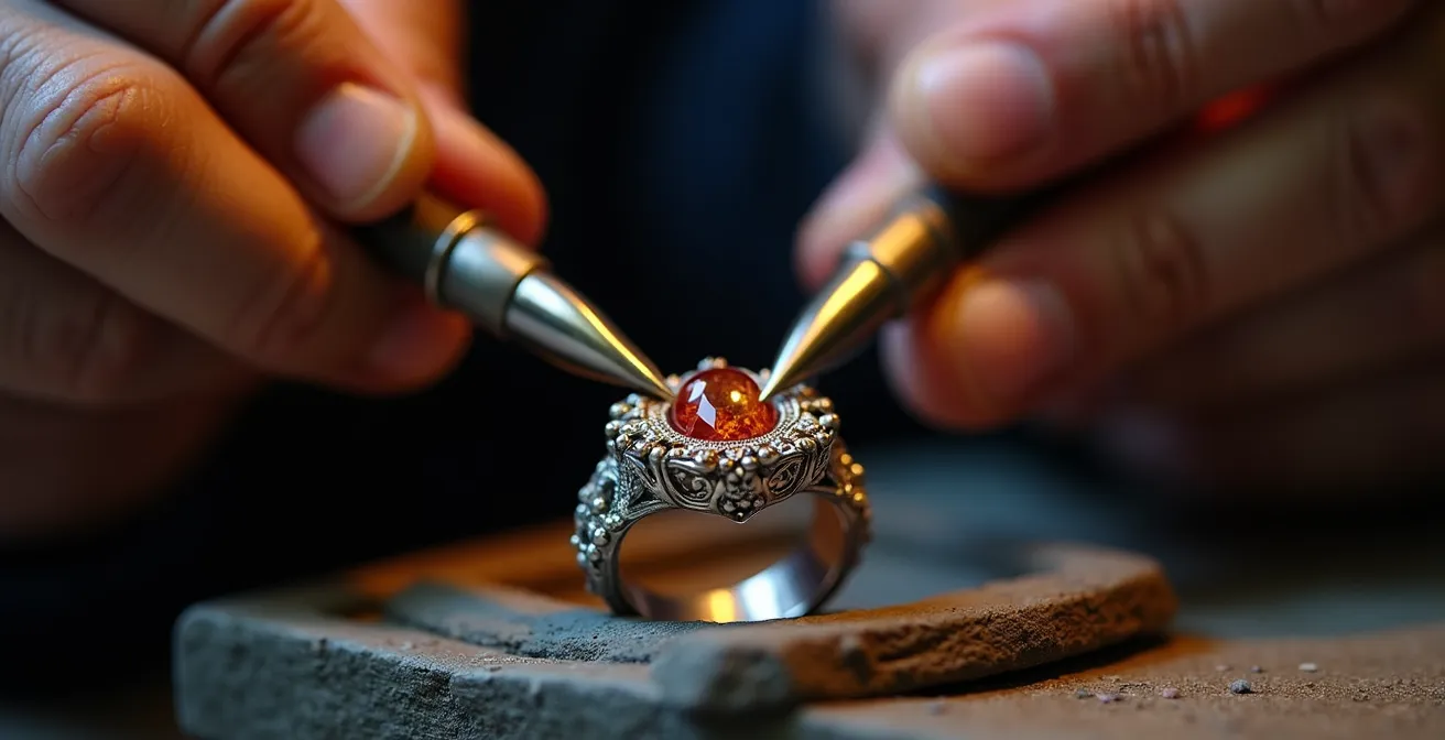Vue macro de mains expertes nettoyant délicatement un bijou ancien avec des outils professionnels