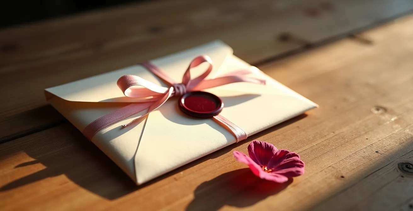 Enveloppe cachetée à la cire avec ruban de satin sur table en bois ancien