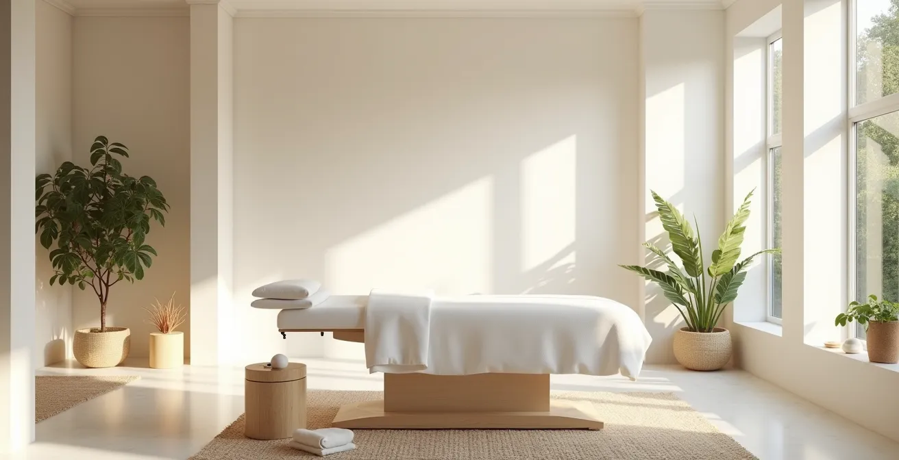Vue minimaliste d'un institut de beauté moderne avec table de soin et environnement apaisant