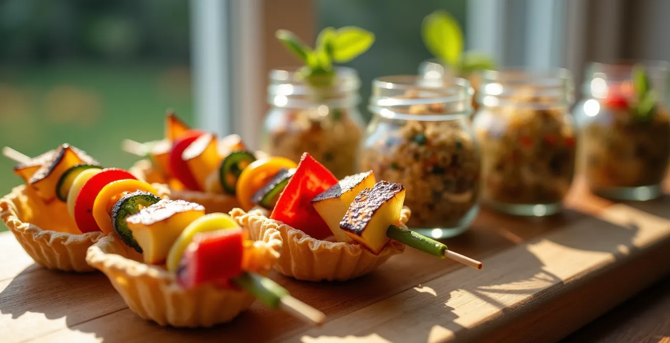 Assortiment de finger food élégant disposé sur plateau de bois avec mini-verrines et brochettes colorées