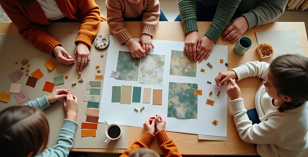 Vue aérienne d'une grande table familiale avec plusieurs personnes de différents âges créant ensemble des projets créatifs