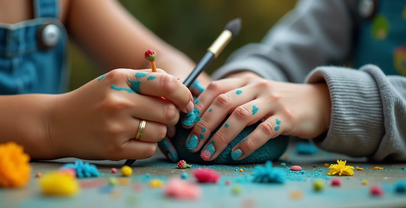 Mains entrelacées de mère et fille travaillant ensemble sur une création artistique colorée