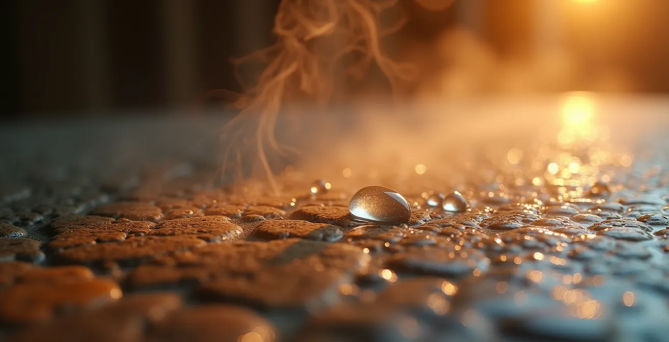 Détail de la vapeur d'eau créant une atmosphère thérapeutique dans un hammam