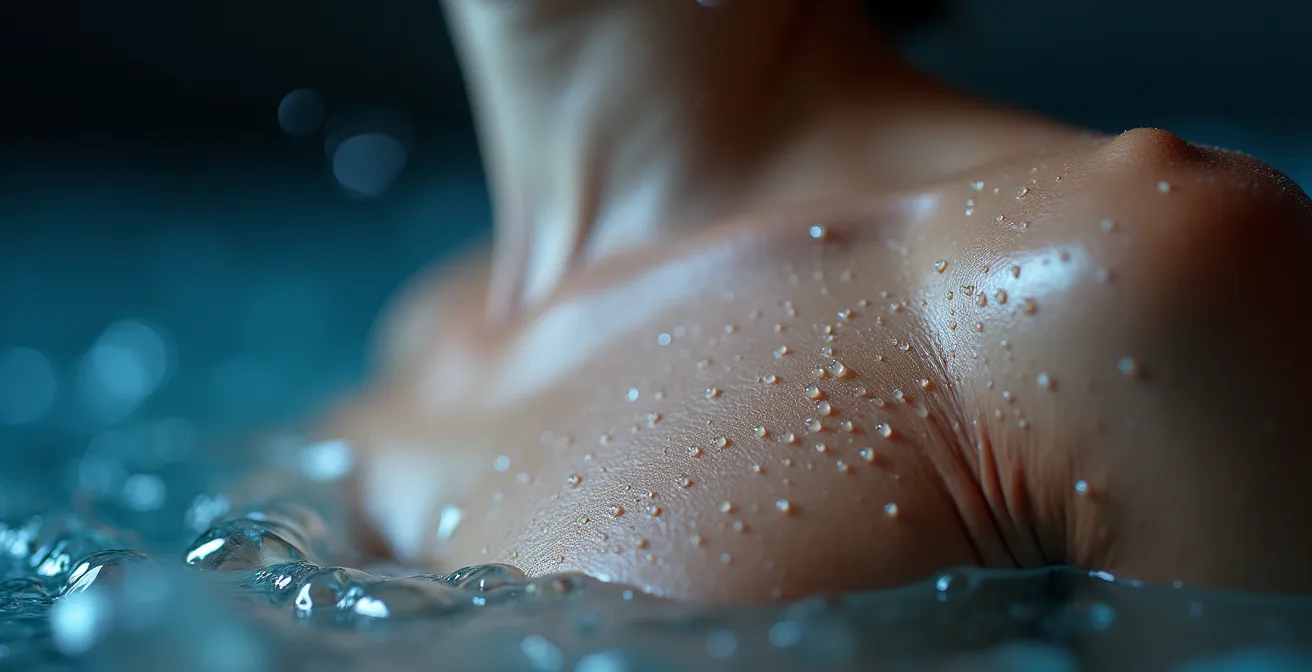 Vue macro de la peau réagissant au contact de l'eau froide avec visible vasoconstriction