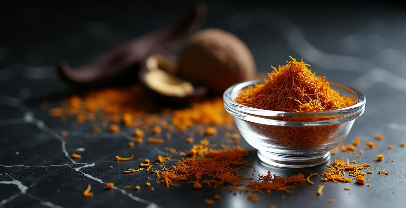 Composition d'épices rares avec safran, truffe et vanille sur marbre noir