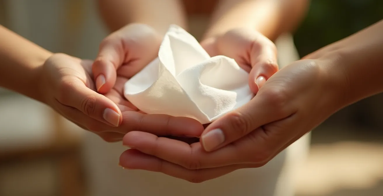 Gros plan sur une main tenant délicatement un mouchoir blanc avec une lumière douce