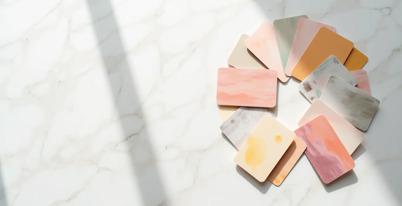 Vue aérienne minimaliste de cartes cadeaux disposées en éventail sur surface épurée