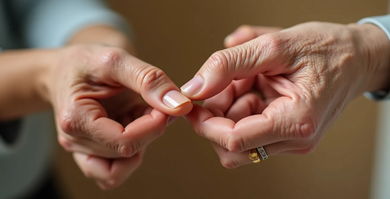 Mains de deux générations se touchant délicatement dans une lumière douce