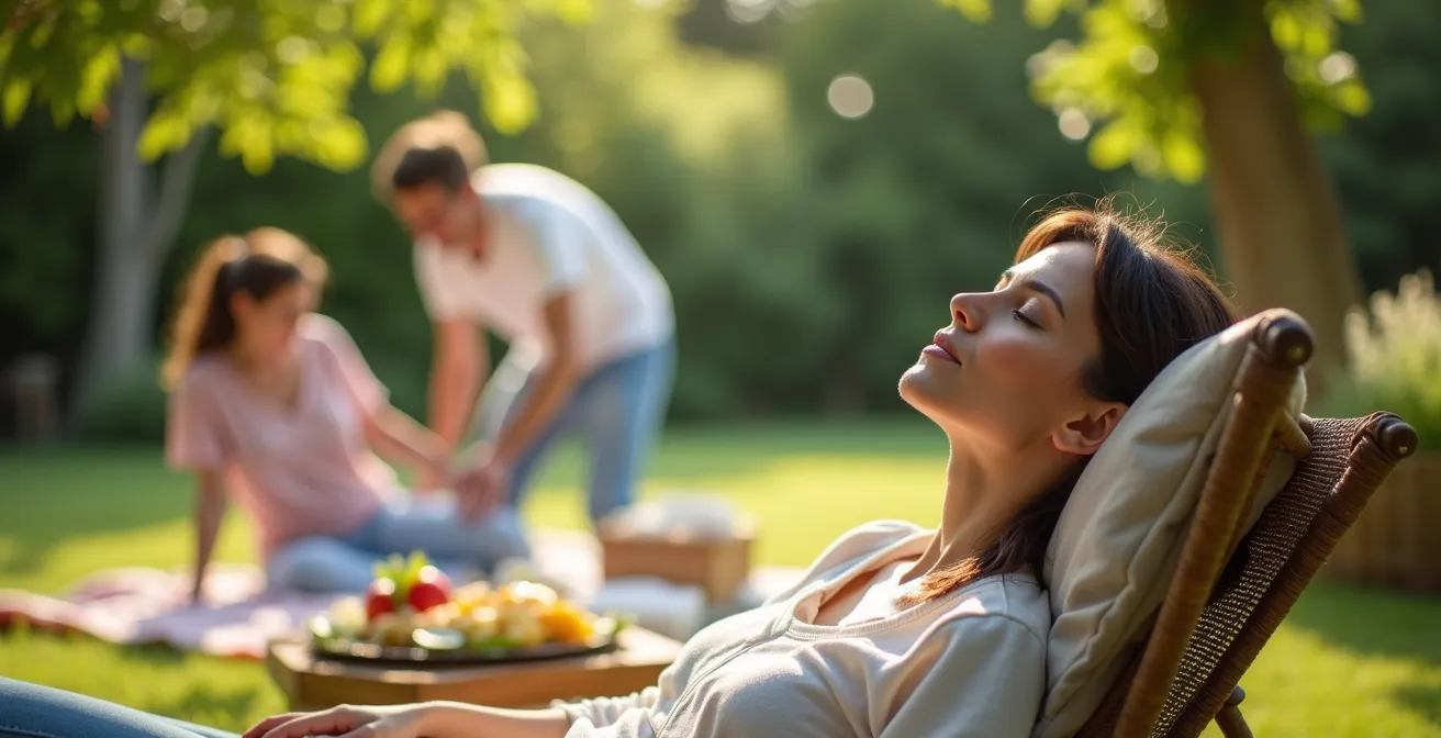 Maman détendue sur une chaise longue dans un jardin pendant que la famille prépare le pique-nique