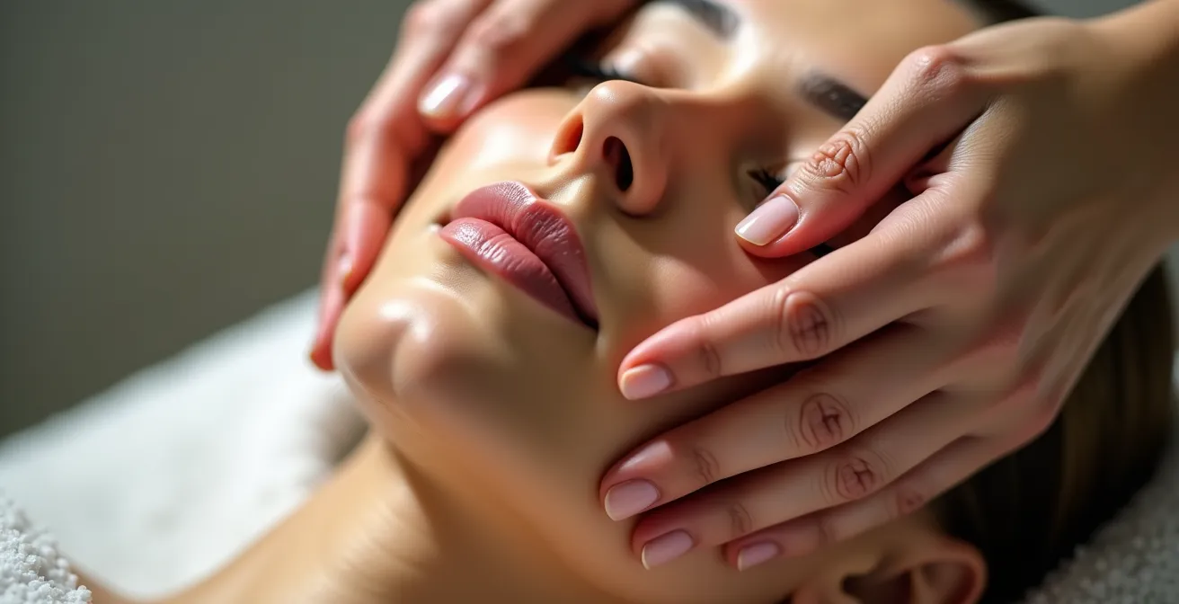 Gros plan sur les mains d'une esthéticienne pratiquant des mouvements de massage facial