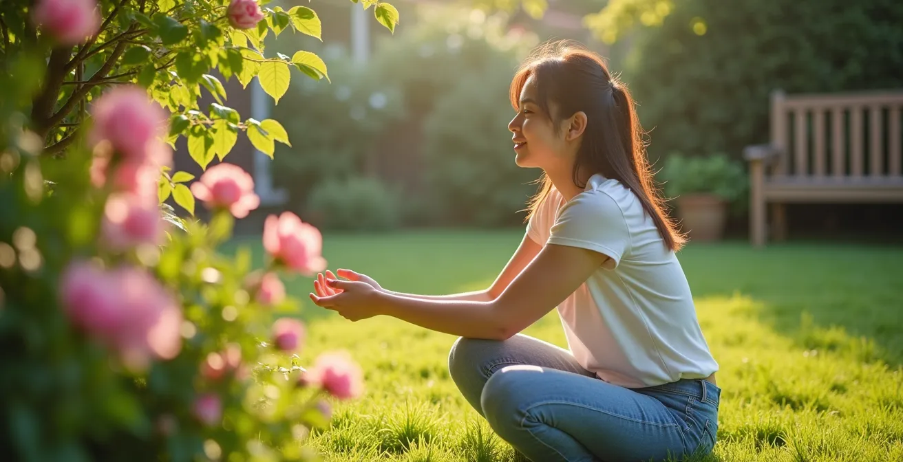 Mère découvrant un cadeau caché dans le jardin, expression de curiosité joyeuse