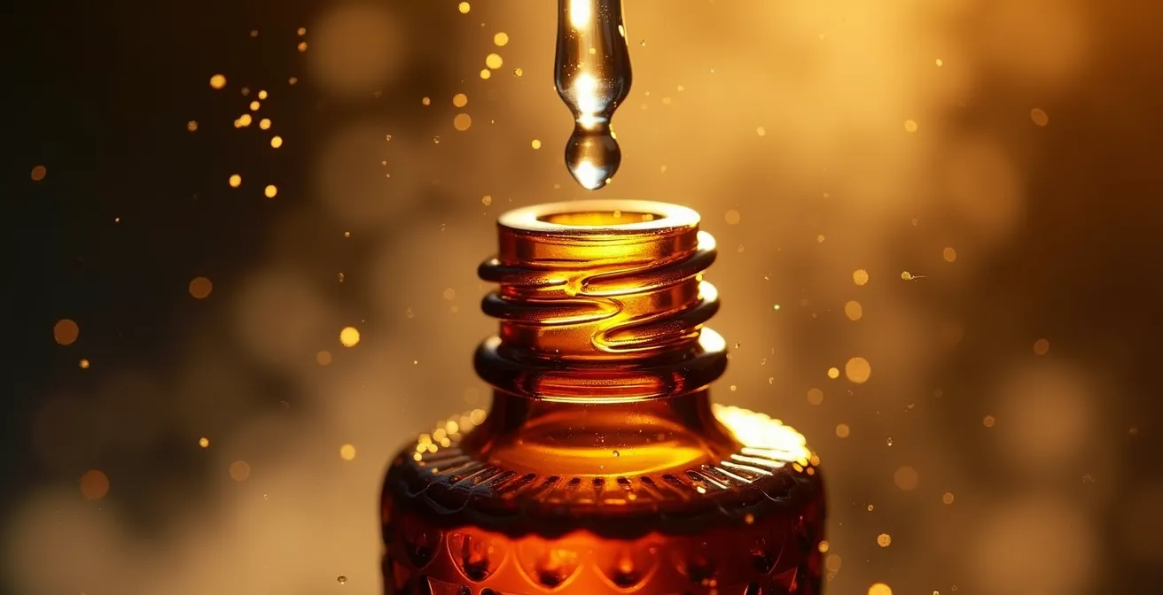 Gros plan sur des flacons d'huiles essentielles avec vapeurs aromatiques visibles