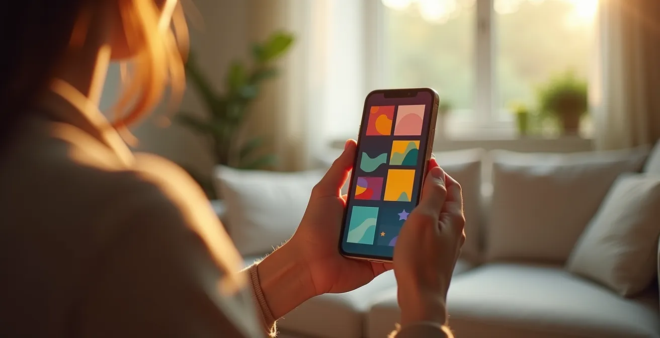Mains tenant un smartphone montrant des souvenirs familiaux en cours de montage