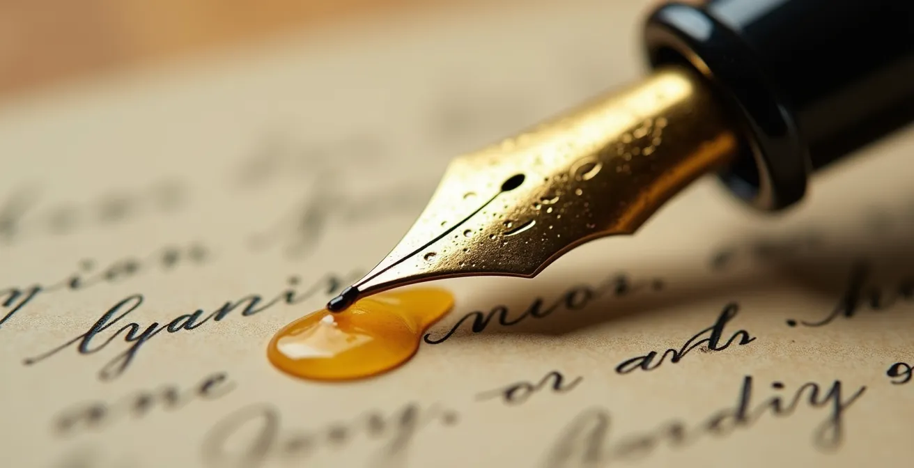 Plume d'écriture posée délicatement sur papier texturé avec encre dorée
