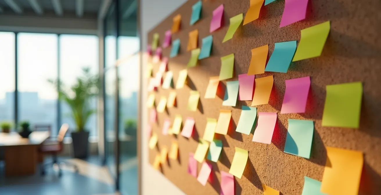 Espace de travail collaboratif moderne avec tableau d'affichage coloré et notes adhésives
