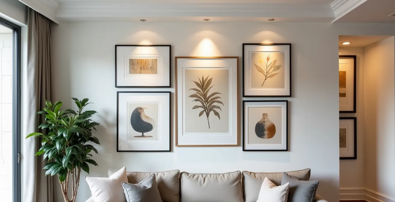Mur de salon transformé en galerie personnelle avec tableaux encadrés professionnellement