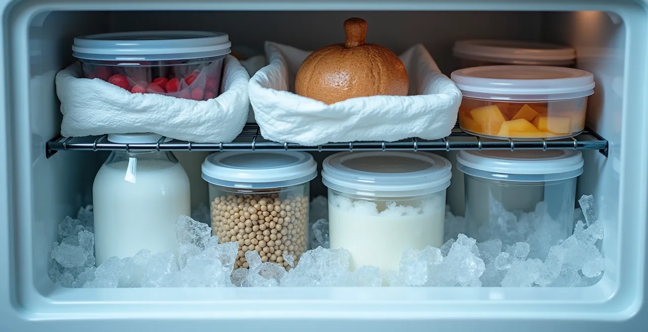 Vue en coupe d'une glacière parfaitement organisée avec différentes couches d'aliments et de glace