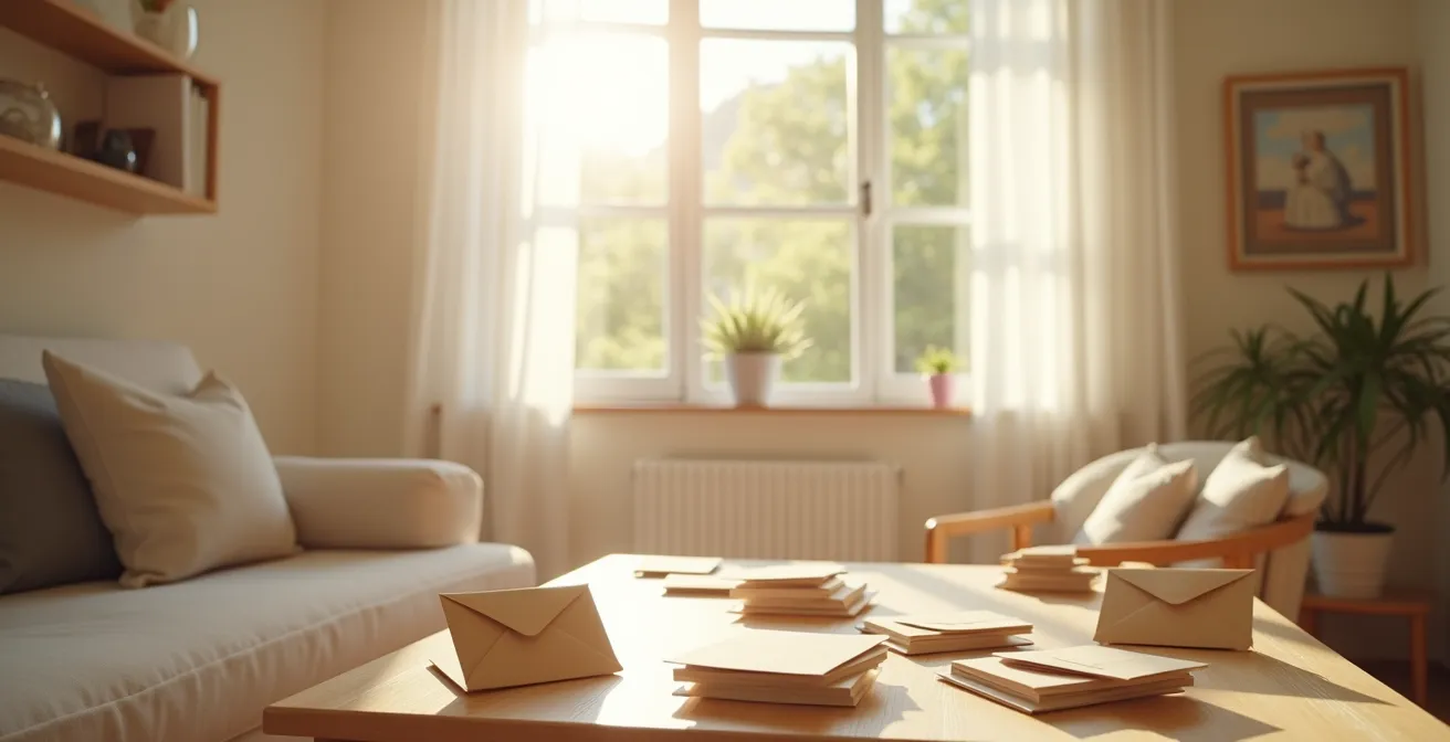 Vue d'ensemble d'un salon lumineux avec petites enveloppes disposées stratégiquement, ambiance matinale douce