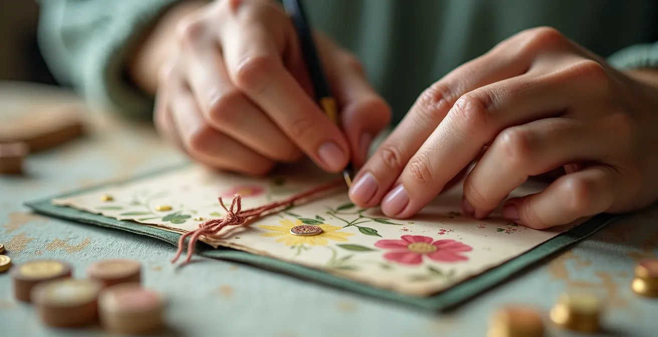 Gros plan sur des mains ajoutant des détails personnalisés à un objet artisanal avec outils et matériaux colorés