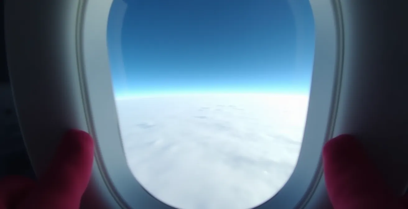 Vue plongeante depuis un avion montrant l'horizon courbé et les nuages en contrebas