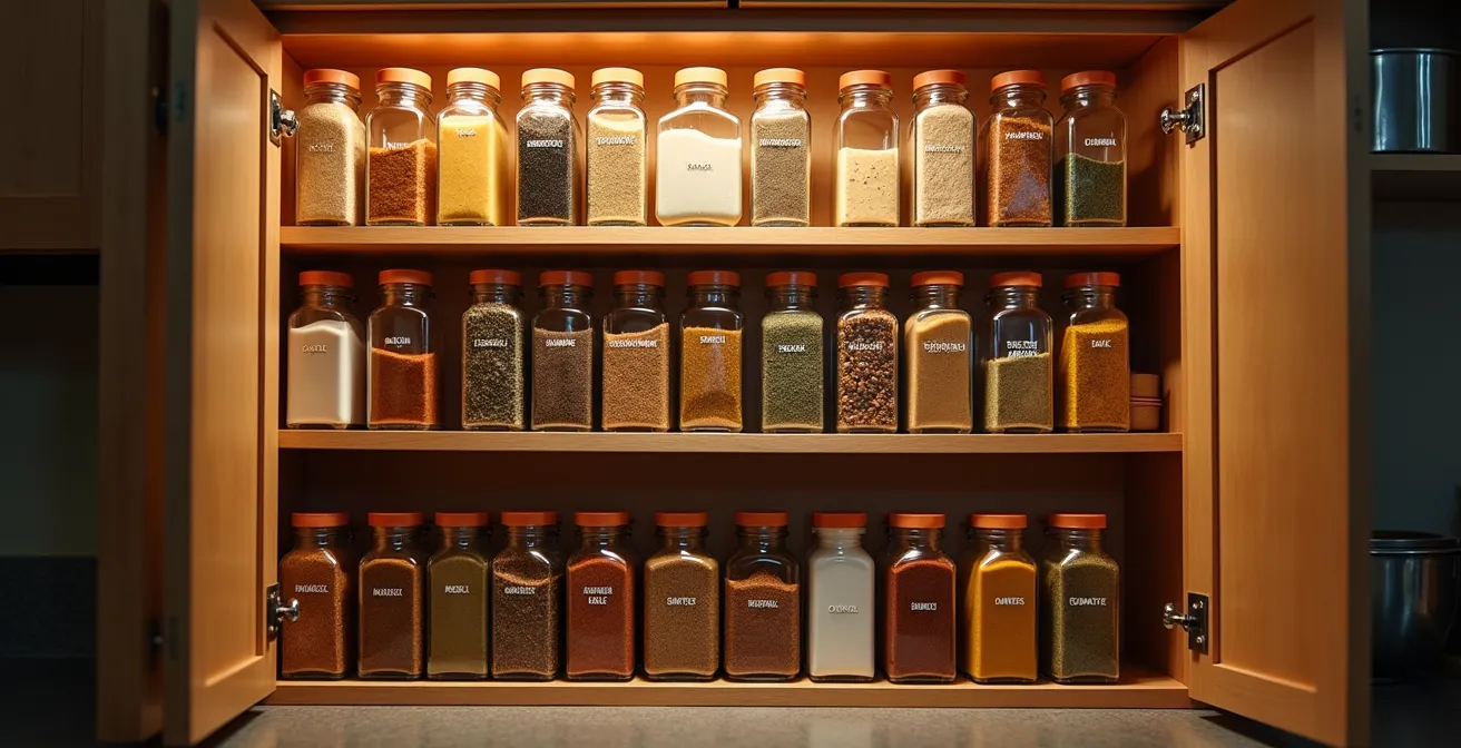 Placard à épices parfaitement organisé avec zones thématiques et système tournant