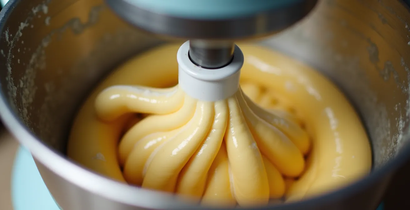 Robot pâtissier professionnel en action pétrissant une pâte briochée dorée